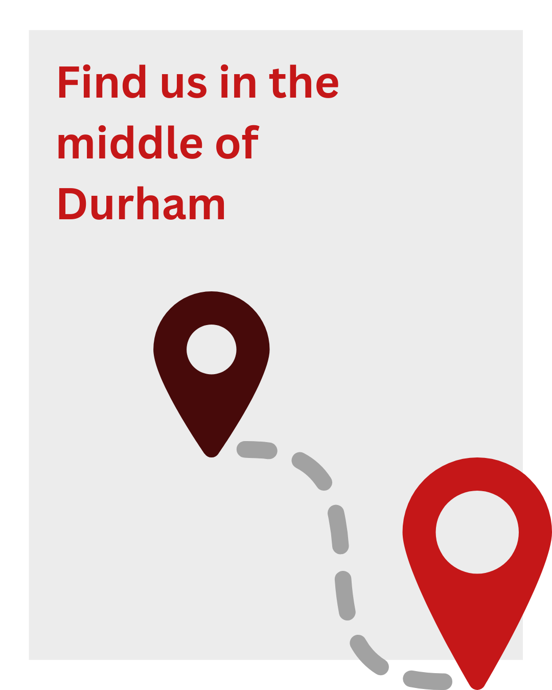Find us in the middle of Durham. Image shows two map pins joined by a dotted line.