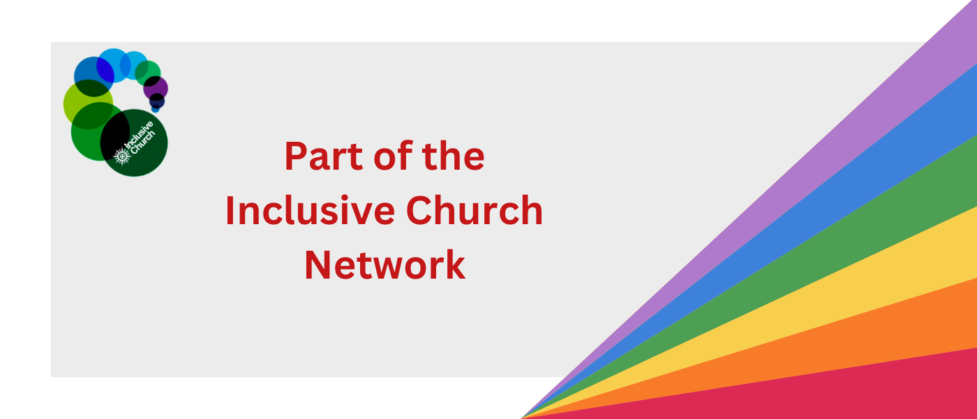 Part of the Inclusive Church Network. Image shows the inclusive church logo of a spiral of blue and green circles, and a rainbow.