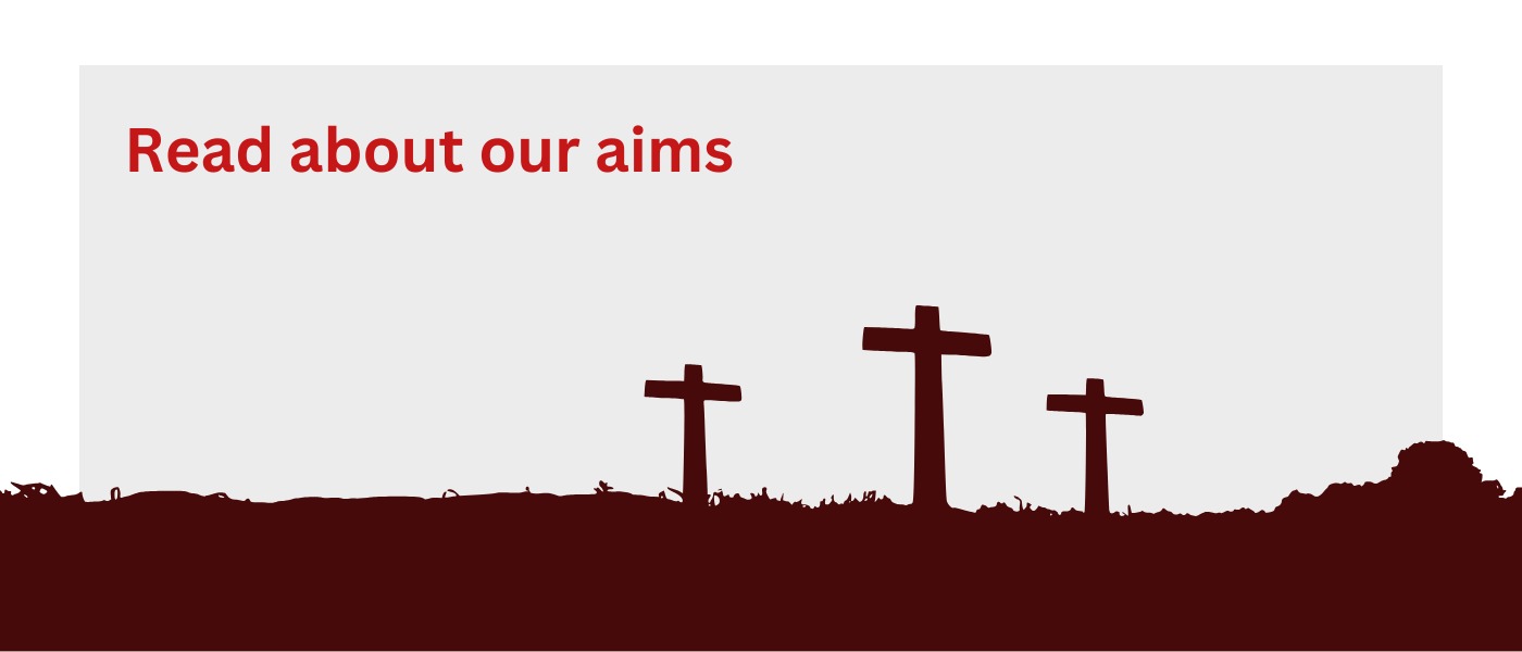 Read about our aims. Image shows a silhouette of three crosses.