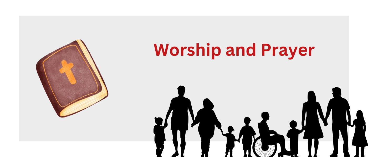 Worship and Prayer. Picture shows a bible and a silhouette of a diverse group of people holding hands